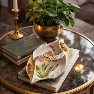 Vintage Hand-Painted Floral Ceramic Serving Dish in Gold and White 9”